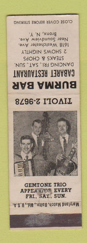 Matchbook Cover - Burma Bar Cabaret Restaurant Bronx NY Gemtone Trio WEAR