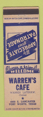 Matchbook Cover - Warren's Cafe Fort Worth TX