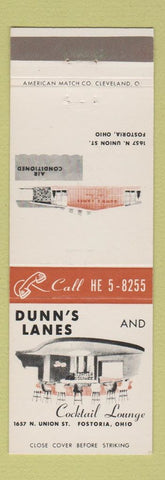 Matchbook Cover - Dunn's Lanes Bowling Fostoria OH