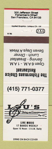 Matchbook Cover - Lou's Restaurant Music Venue San Francisco CA