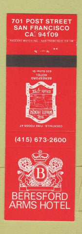 Matchbook Cover - Beresford Arms Hotel San Francisco CA White Horse