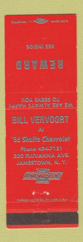 Matchbook Cover - Ed Shults Chevrolet Jamestown NY Bill Vervoort