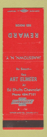 Matchbook Cover - Ed Shults Chevrolet Jamestown NY Art Elmeer