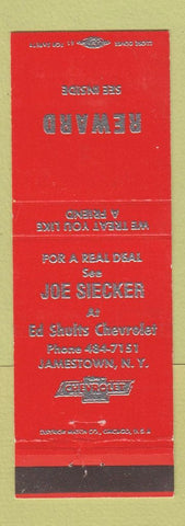 Matchbook Cover - Ed Shults Chevrolet Jamestown NY Joe Siecker
