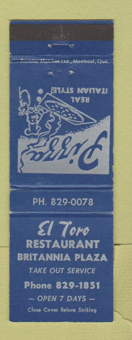 Matchbook Cover - El Toro Restaurant Pizza Britannia Plaza