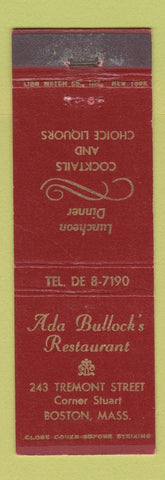 Matchbook Cover - Ada Bullock's Restaurant Boston MA