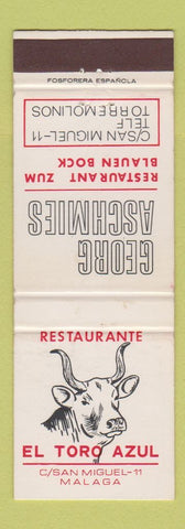Matchbook Cover - Restaurante El Toro Azul Malaga Spain
