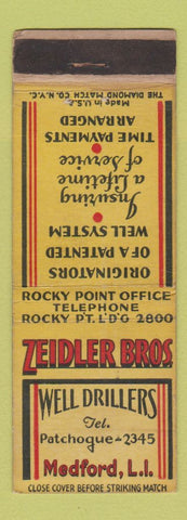 Matchbook Cover - Zeidler Bros Well Drillers Medford LI NY WEAR