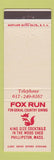 Matchbook Cover - Fox Run Restaurant Phillipston MA