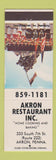 Matchbook Cover - Akron Restaurant Akron PA