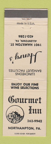 Matchbook Cover - Henry's Gourmet Inn Allentown Northampton PA