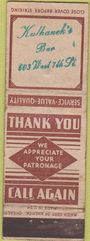 Matchbook Cover - Kulhanek's Bar STAMPED WEAR