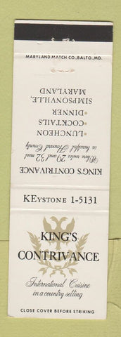 Matchbook Cover - King's Contrivance Restaurant Simpsonville MD