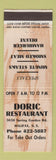 Matchbook Cover - Doric Restaurant Halifax NS