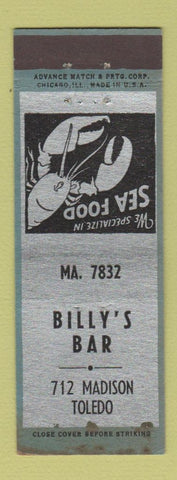 Matchbook Cover - Billy's Bar Toledo OH ADVANCE