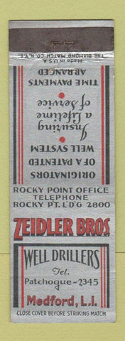 Matchbook Cover - Zeidler Bros Well Drillers Medford LI NY