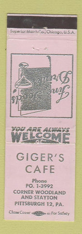 Matchbook Cover - Giger's Cafe Pittsburgh PA