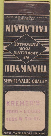 Matchbook Cover - Kremer's Food STAMPED WEAR