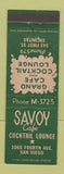 Matchbook Cover - Savoy Cafe San Diego CA