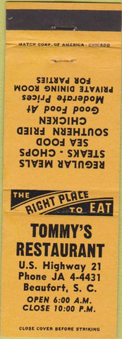 Matchbook Cover - Tommy's Restaurant Beaufort SC