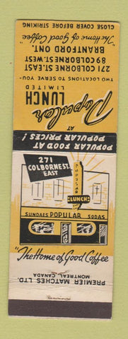 Matchbook Cover - Popular Lunch Restaurant Brantford ON