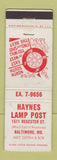 Matchbook Cover - Haynes Lamp Post Baltimore MD WEAR