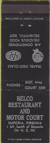 Matchbook Cover - Belco Restaurant Motor Court Emporia VA