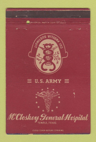 Matchbook Cover - McCloskey General Hospital Army Temple TX postcard 40 Strike