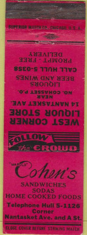 Matchbook Cover - Cohen's Sandwiches liquor North Cohasset MA