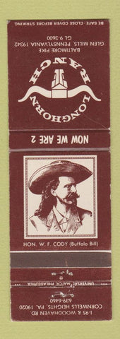 Matchbook Cover - Longhorn Ranch Cornwells Heights PA Buffalo Bill Cody WEAR