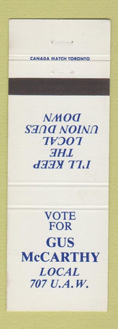 Matchbook Cover - Gus McCarthy Election Local 707 UAW Auto Workers Union