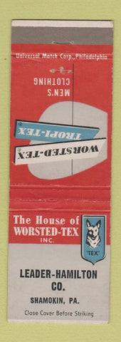 Matchbook Cover - Worested Tex Men's Clothes Leader Hamilton Shamokin PA
