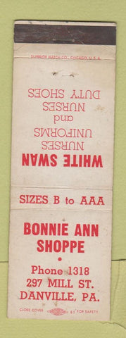Matchbook Cover - Bonnie Ann Shoppe Danville PA White Swan Nurses Uniforms WEAR