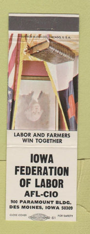 Matchbook Cover - Iowa Federation of Labor AFL CIO Des Moines IA