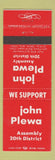 Matchbook Cover - John Plewa Assembly 20th District Milwaukee WI