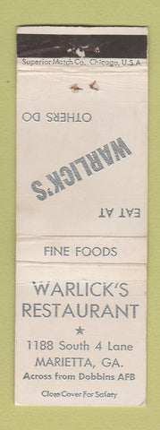 Matchbook Cover - Warlick's Restaurant Marietta GA WORN