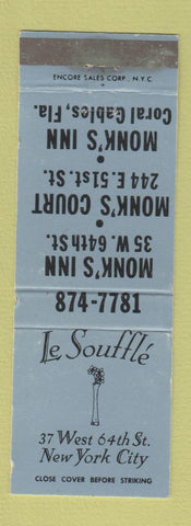 Matchbook Cover - LE Souffle Restaurant Monk's Inn New York City WEAR