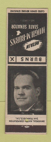 Matchbook Cover - Hugh Burns State Senator Election CA?
