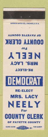 Matchbook Cover - Mrs. Lacy Neely County Clerk Fayette County Election WEAR