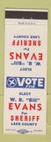 Matchbook Cover - WB Evans Sheriff Election Lake County Willoughby OH
