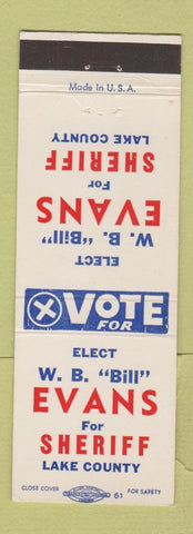 Matchbook Cover - WB Evans Sheriff Election Lake County Willoughby OH