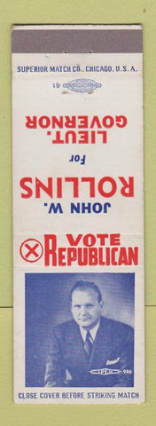 Matchbook Cover - John Rollins for Lieutenant Governor Election DE Delaware