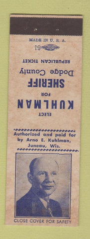 Matchbook Cover - Arno Kuhlman Sheriff Dodge County Republican Election