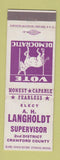Matchbook Cover - AH Langholdt Supervisor Election Crawford County