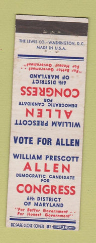 Matchbook Cover - William Prescott Allen Congress Election MD Maryland