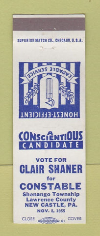Matchbook Cover - Clair Shaner Constable Election New Castle PA