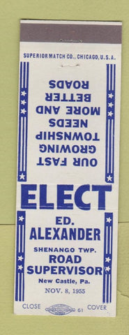 Matchbook Cover - Ed Alexander Road Supervisor New Castle PA 1955