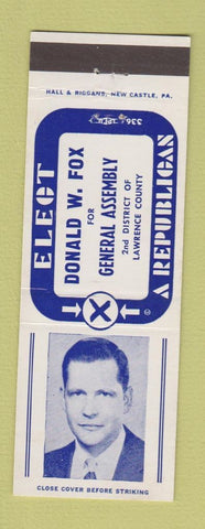 Matchbook Cover - Donald W Fox General Assembly Election Lawrence County PA