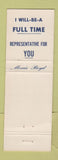 Matchbook Cover - Morris Boyd State Representative Election