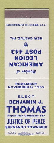 Matchbook Cover - Benjamin Thomas Justice of Peace Election Shenango Township PA